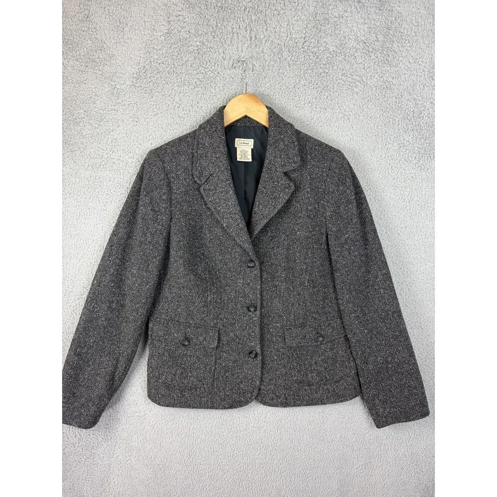 L.L. Bean Blazer Women Medium Gray Herringbone Wool Blend 3 Button Jacket Office